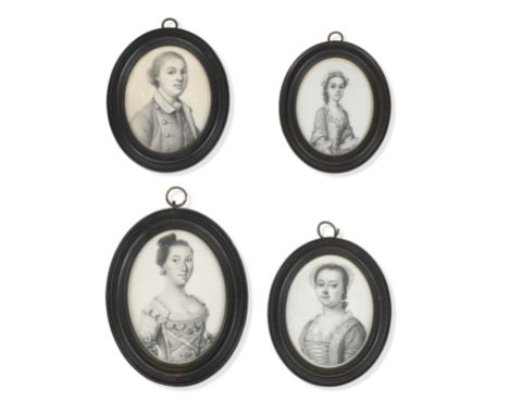 James Ferguson (Scottish, 1710-1776)A group of four plumbago miniatures: A young lady, half length, facing right, wearing a h
