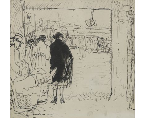 George Leslie Hunter (British, 1877-1931)The Shipyard Gate signed 'L Hunter' (lower left)pen and ink20.2 x 21.5 cm. (7 15/16 