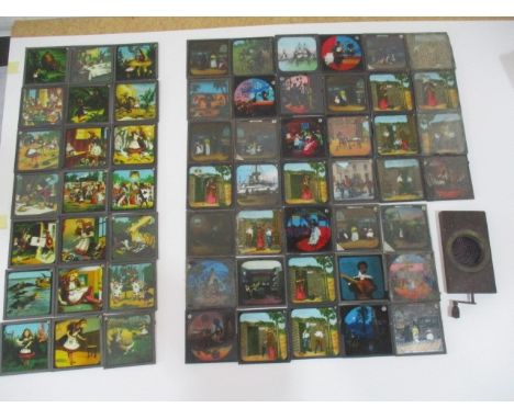 A collection of coloured magic lantern slides, including Alice in Wonderland and one mechanical 