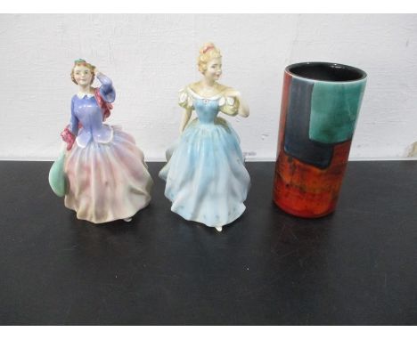 A Poole Pottery Vase, along with two Royal Doulton figurines of ladies including "Blithe Morning" &amp; "Enchantment".