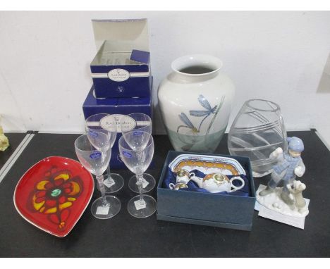 A collection of various items including Royal Doulton boxed stemware glasses, vase and coasters, along with a Poole Pottery d