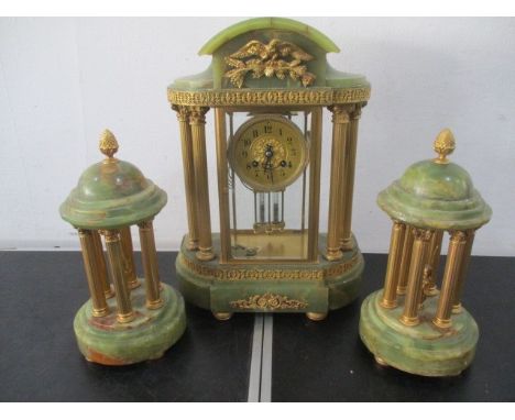 A Japy Freres French clock garniture in green onyx and ormolu 