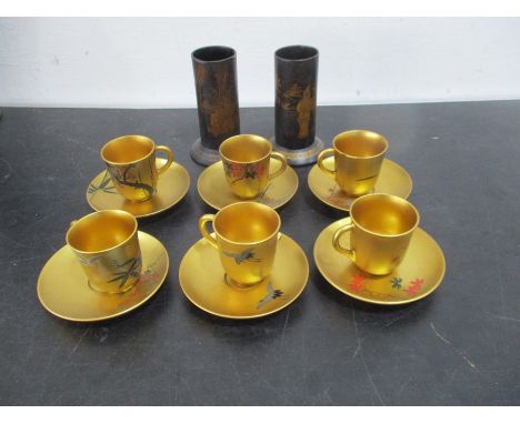 Two oriental lacquered pots - one A/F, along with lacquered six cups &amp; saucers.