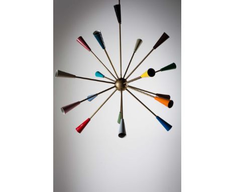 A SPUTNIK CHANDELIER, Italian, 1960s, with brass and enamel fittings. 105cm (h) x 98 cm (dia)