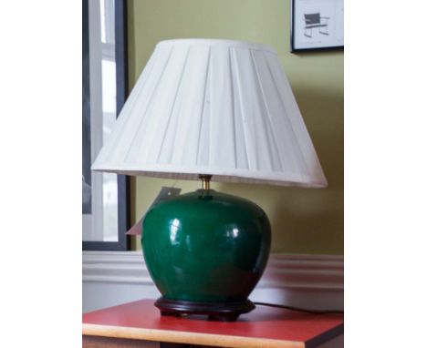 A CARLOS REMES GREEN CRACKLE LAMP, 49cm high including shade.