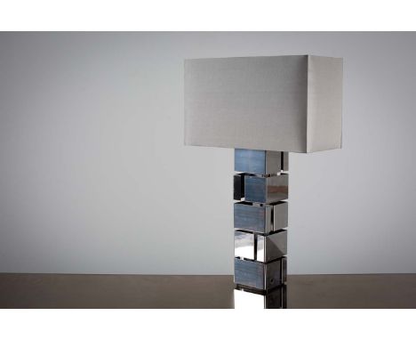 A SQUARE CHROME TABLE LAMP, French 1970s, on angular supports, check siz....