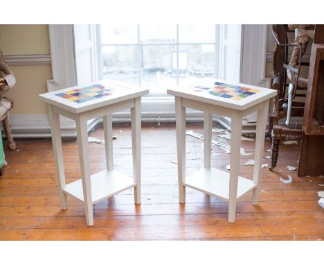 A PAIR OF TILE TOPPED SIDE TABLES, FRENCH, 53cm (w) x 40cm (d) x 76cm (h)