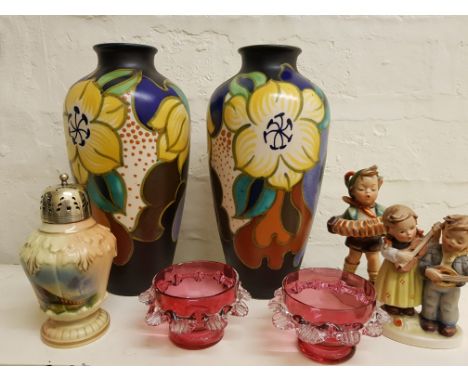 A box containing two large Holland vases, two Hummel Goebel figurines and a selection of various other china and glass.