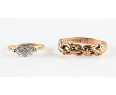 A Victorian 9ct rose gold knot design ring, hallmarked Birmingham 1898, together with a diamond accent ring, stamped 18ct&amp