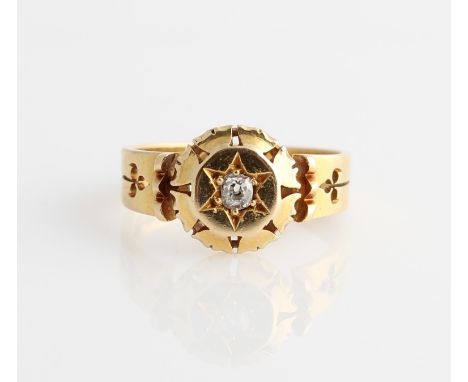A Victorian 18ct yellow gold diamond ring, star set with a central old mine cut diamond, measuring approx. 0.07cts, with open