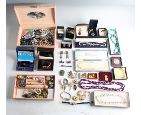 A collection of costume jewellery, to include simulated pearls, wrist watches, pendants and chains, beads, brooches, bracelet