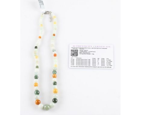 A multi-colour jade bead necklace, strung with 71 graduated spherical beads, clasp stamped 925, with Gemporia certificate.