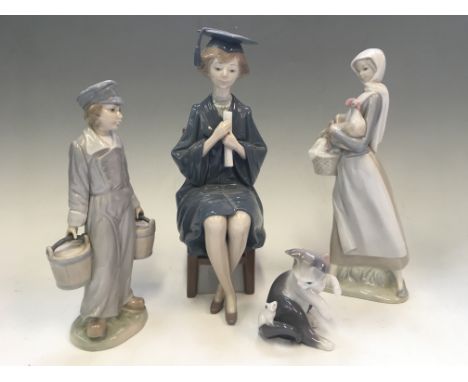 Four Lladro figurines, including a graduate, girl with hen, boy with milk and cat with mouse.
