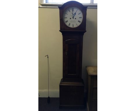 A Morrison Mayreborough white painted face long cased clock with mahogany trunk with weights and pendant.