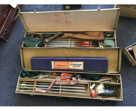 Two vintage Apollo Martin bow and arrow sets in travel cases, with five boxes of spare arrows.