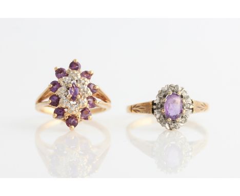 A hallmarked 9ct yellow gold amethyst and diamond cluster ring, set with a central oval cut amethyst, measuring approx. 6x4mm