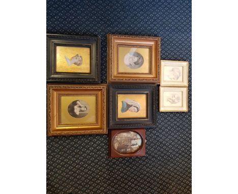 Collection of seven various framed, glazed portrait miniatures to include oils and etchings.