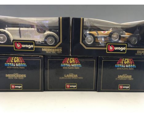 Eight Burago boxed model vehicles, including Alfa Romeo, Bugatti, Mercedes, Lancia and Jaguar, with Solido Bugatti Royale and