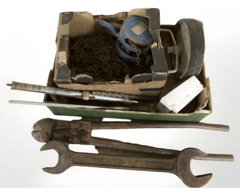 A group of hand tools including large wrench, pair of bolt cutters, lengths of chain, etc. (1 box)