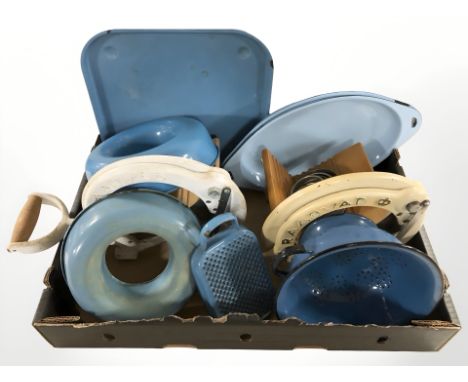 A group of Danish blue enameled kitchen wares and two Raadvad bread slicers. (1 box)