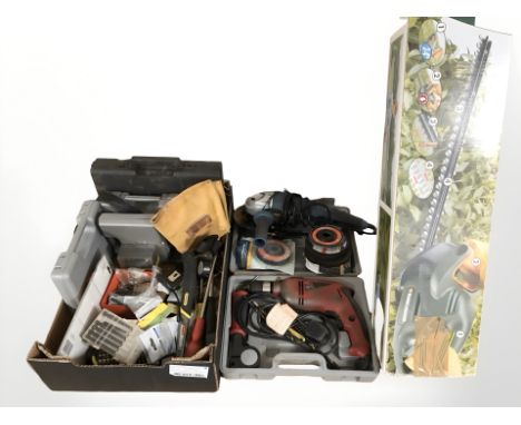 A group of tools including power drill, angle grinder, Black & Decker hedge trimmer, various hand tools, etc. (2 boxes)