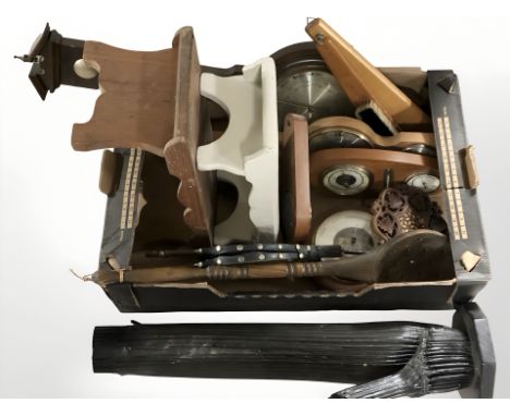 Two pine crackets, barometer, bellows, etc. (1 box)
