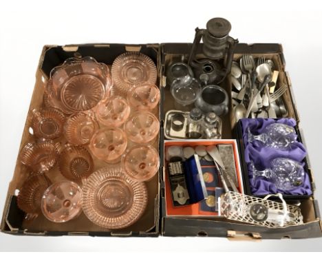 Assorted EPNS cutlery, boxed pair of lead crystal rummers, safety razor, crowns, assorted peach drinking glasses and grapefru