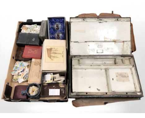 Assorted collector's cards, playing cards, dominoes, two boxed pairs of drinking glasses, a lacquered tin with external leath