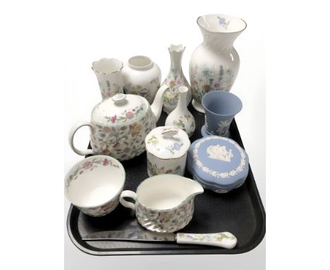 A group of Aynsley Wild Tudor porcelain vases, Minton Haddon Hall tea service, Wedgwood Jasperware lidded trinket box, beaker