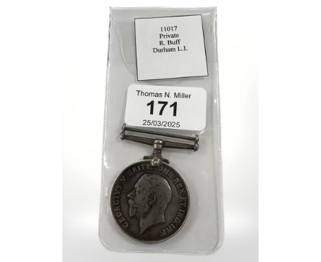 A WWI Victory Medal named to 11017 Pte. R Buff Durham Light Infantry 