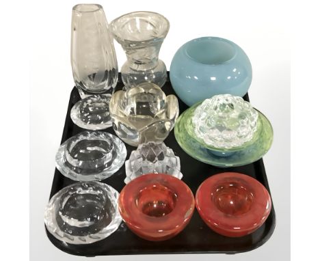 A group of Scandinavian glass tea light holders including Royal Copenhagen, further studio glasswares, etc.
