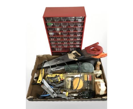 Assorted hand and power tools, hardware, index chest, etc. (1 box)