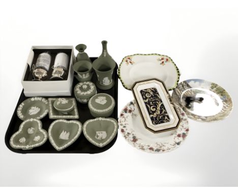 A group of Wedgwood green jasperware vases, pin dishes, pair of Wedgwood tea light stands designed by Vera Wang, etc.