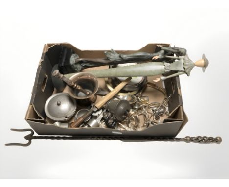 Assorted EPNS and pewter metal wares, two figures, toasting fork, etc. (1 box)