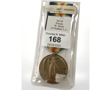 A WWI Victory Medal named to 36130 Pte. W Brain, 14 Durham Light Infantry 