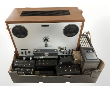 An Akai X-330 reel to reel, several Realistic tape control centres etc (one box) 
