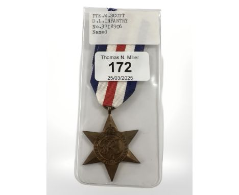 A WWII France and Germany Star named to Pte. W Scott 3718906 Durham Light Infantry 