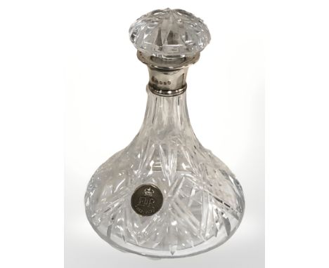 A silver collared ship's crystal decanter commemorative Queen Elizabeth II's Silver Jubilee, 1977, height 24 cm.