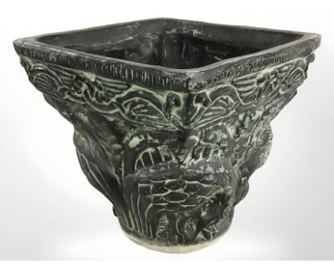 A decorative ceramic square planter, width 37 cm.