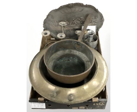 A 19th century copper steel handled pan, a large brass planter, various candlesticks, embossed metal plaque depicting the las