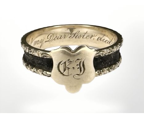 An early-Victorian gold memorial ring etched with initials R J, inscribed 'In Memory of my Dear Sister, died Jan 7th 1847', s