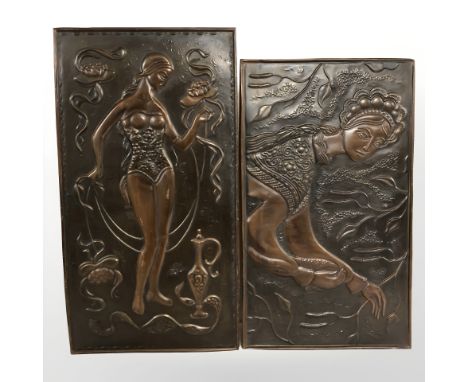 Two Russian embossed metal Art Nouveau style plaques, each 46 cm x 27 cm.