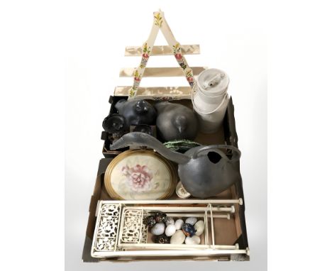 A group of bird ornaments, coffee grinder, pricket candlestick, triangular wall shelf, small churn, wrought metal stands, egg