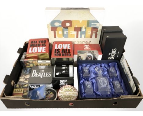 The Beatles - A group of collectibles including mugs, decanter and glass set, tins, etc. (1 box)