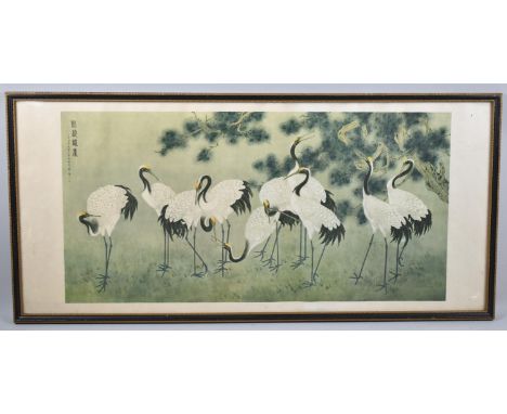 A Framed Oriental Print Depicting Cranes, 63x34cm 