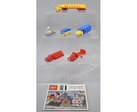 A Collection of Six Unboxed Lego Road Vehicles to Include Bedford Tanker, Van and Lorry, Mercedes Shell Tanker, 190 SL Sports