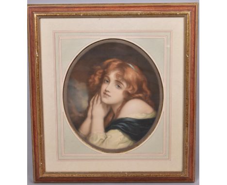 A Framed Oval Print of a Girl, 34x39cm 