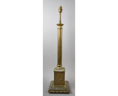 A Large Edwardian Brass Table Lamp with Reeded Column Supports on Square Plinth Base, 71cm High 