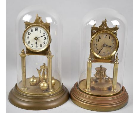 Two Early 20th Century Brass Pillar Clocks Under Glass Domes, Both for Restoration, 29cm high 