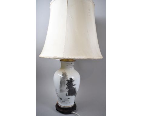 A Modern Chinese Table Lamp in the Form of a Vase, Decorated with Mountains, Trees and Cranes, Complete with Shade 